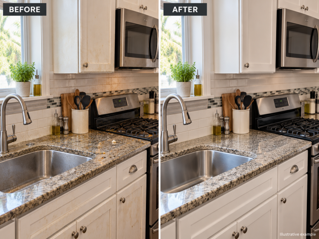Illustrative kitchen before and after deep cleaning, showing cleaned countertops, stovetop and cabinet fronts.